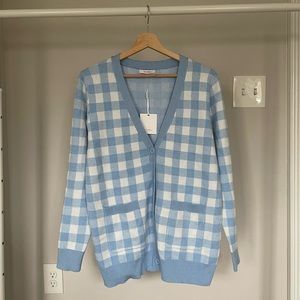 NWT Sioni Checkered Gingham Cardigan Sweater Light Blue